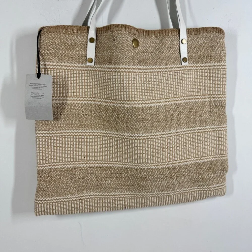 Summer Boho Woven Straw Raffia Bag Stylish Tan and White Tote Bag Stripe Beach - Picture 13 of 15